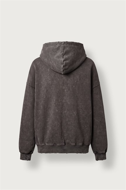 Erkek Relax Fit Yıkamalı Kapüşonlu Sweatshirt Kahve