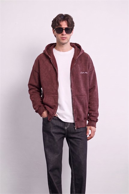 Erkek Relax Fit Yıkamalı Kapüşonlu Sweatshirt Bordo