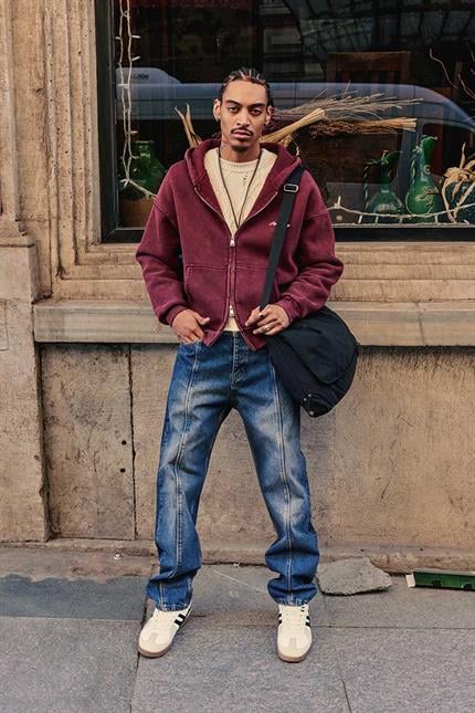 Erkek Relax Fit Yıkamalı Kapüşonlu Sweatshirt Bordo