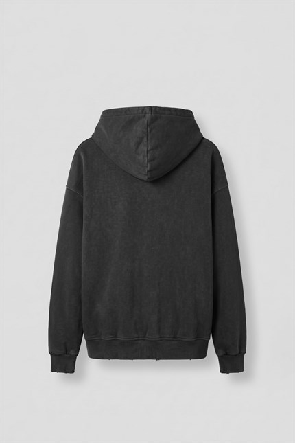 Erkek Relax Fit Yıkamalı Kapüşonlu Sweatshirt Siyah
