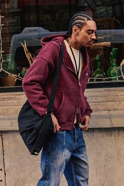 Erkek Relax Fit Yıkamalı Kapüşonlu Sweatshirt Bordo