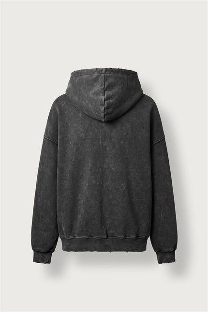 Erkek Relax Fit Yıkamalı Kapüşonlu Sweatshirt Siyah