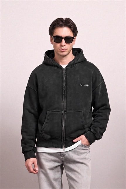 Erkek Relax Fit Yıkamalı Kapüşonlu Sweatshirt Siyah