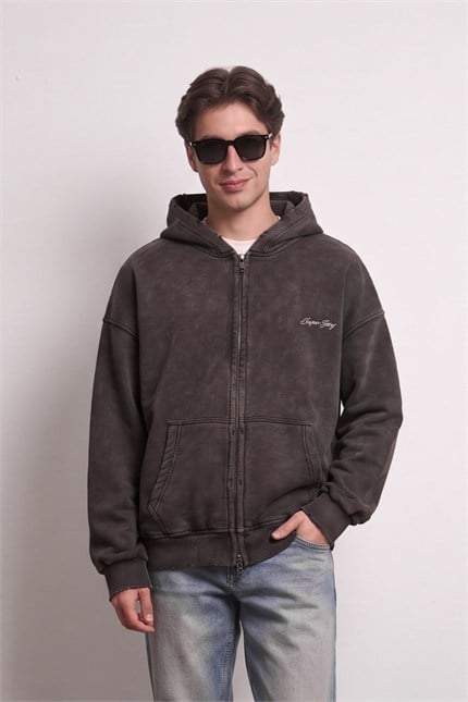 Erkek Relax Fit Yıkamalı Kapüşonlu Sweatshirt Kahve