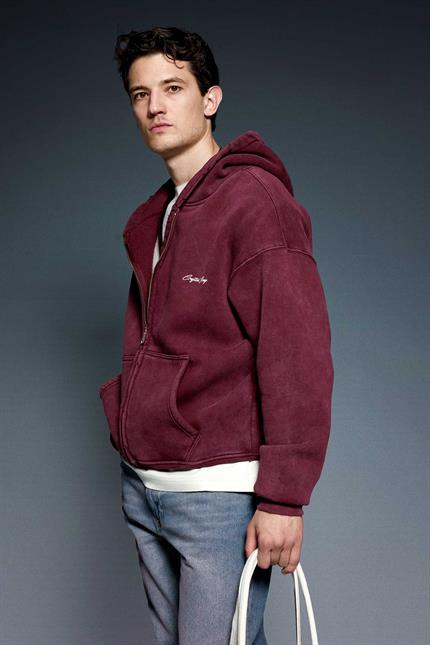 Erkek Relax Fit Yıkamalı Kapüşonlu Sweatshirt Bordo