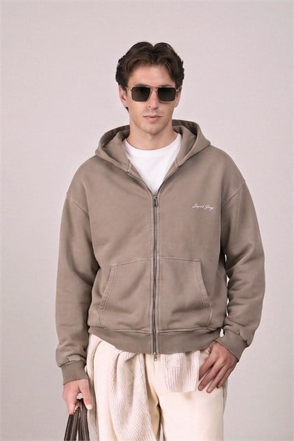 Erkek Relax Fit Yıkamalı Kapüşonlu Sweatshirt Koyu Bej