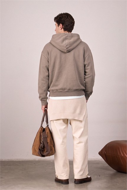 Erkek Relax Fit Yıkamalı Kapüşonlu Sweatshirt Koyu Bej