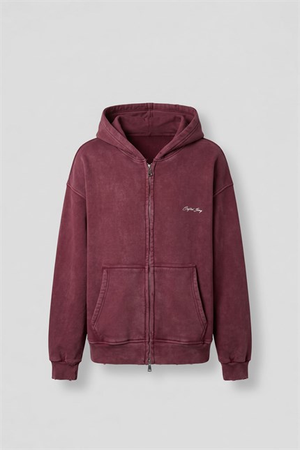 Erkek Relax Fit Yıkamalı Kapüşonlu Sweatshirt Bordo