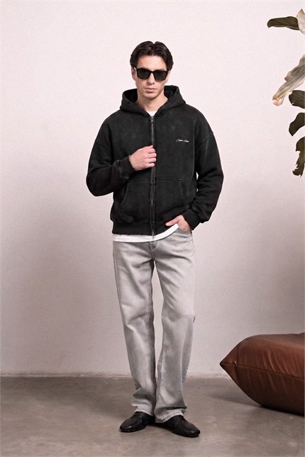 Erkek Relax Fit Yıkamalı Kapüşonlu Sweatshirt Siyah