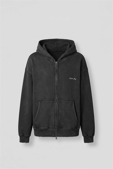 Erkek Relax Fit Yıkamalı Kapüşonlu Sweatshirt Siyah