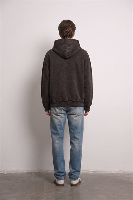 Erkek Relax Fit Yıkamalı Kapüşonlu Sweatshirt Kahve