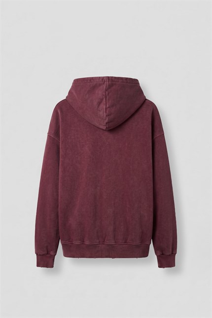 Erkek Relax Fit Yıkamalı Kapüşonlu Sweatshirt Bordo