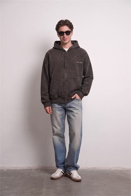 Erkek Relax Fit Yıkamalı Kapüşonlu Sweatshirt Kahve