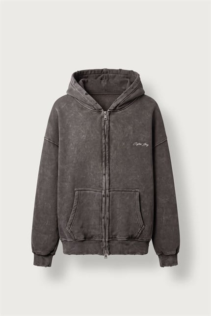 Erkek Relax Fit Yıkamalı Kapüşonlu Sweatshirt Kahve