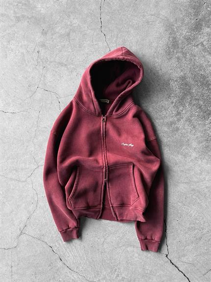 Erkek Relax Fit Yıkamalı Kapüşonlu Sweatshirt Bordo