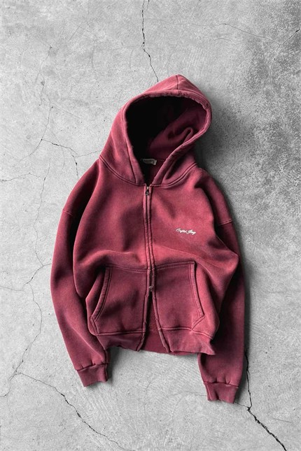 Erkek Relax Fit Yıkamalı Kapüşonlu Sweatshirt Bordo