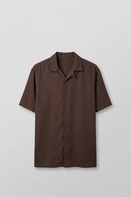 Erkek Relaxed Fit Açık Yaka Kısa Kollu Tencel Gömlek Kahverengi