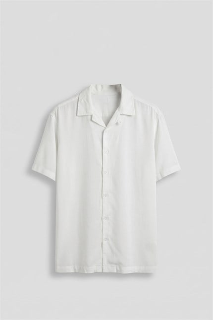 Erkek Relaxed Fit Açık Yaka Kısa Kollu Tencel Gömlek Beyaz