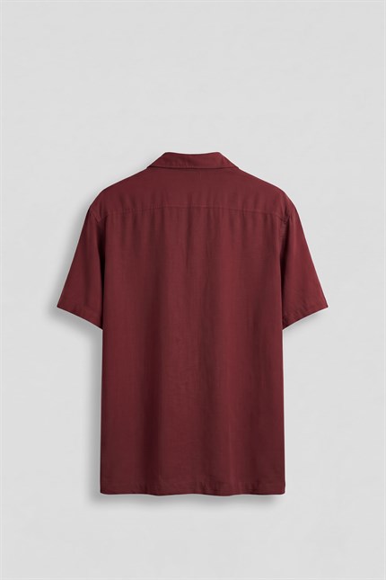 Erkek Relaxed Fit Açık Yaka Kısa Kollu Tencel Gömlek Kırmızı