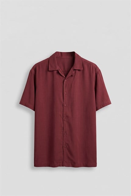 Erkek Relaxed Fit Açık Yaka Kısa Kollu Tencel Gömlek Kırmızı