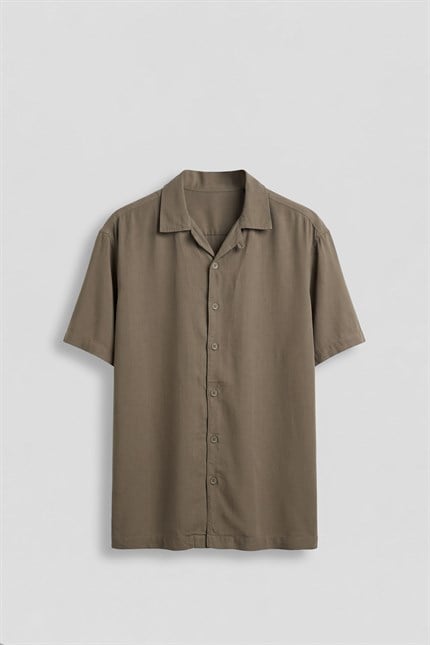 Erkek Relaxed Fit Açık Yaka Kısa Kollu Tencel Gömlek Haki