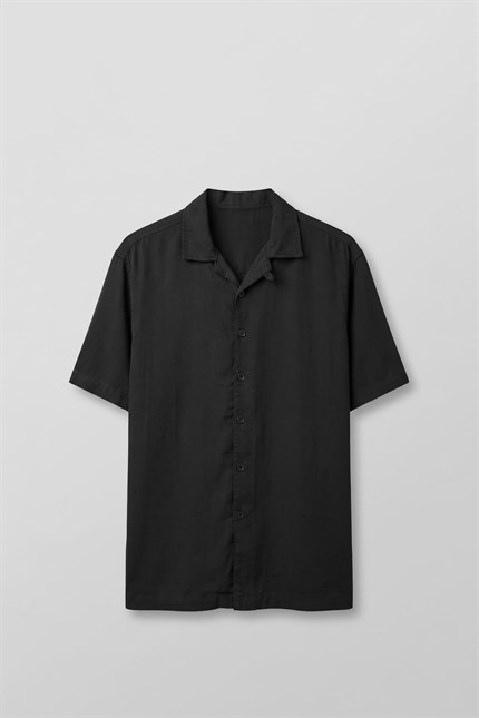 Erkek Relaxed Fit Açık Yaka Kısa Kollu Tencel Gömlek Siyah