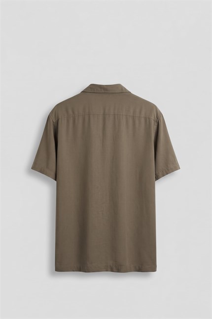 Erkek Relaxed Fit Açık Yaka Kısa Kollu Tencel Gömlek Haki