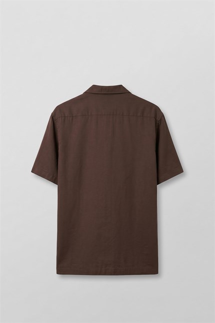 Erkek Relaxed Fit Açık Yaka Kısa Kollu Tencel Gömlek Kahverengi