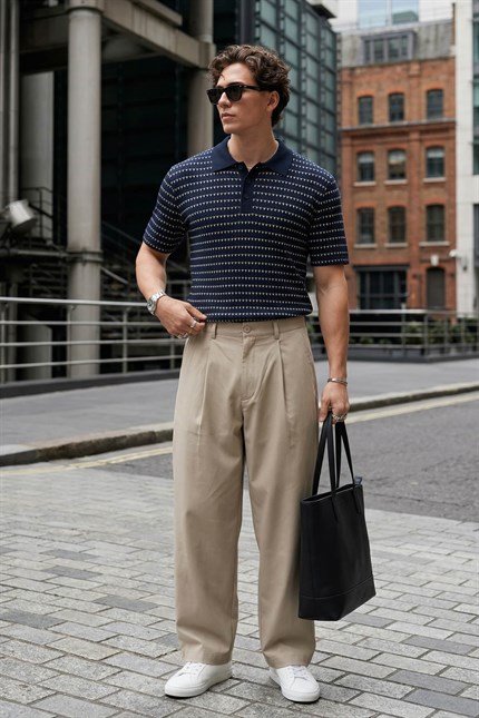 Erkek Relaxed Fit Ajurlu Örme Polo Yaka T-Shirt Lacivert