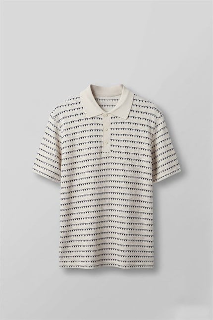 Erkek Relaxed Fit Ajurlu Örme Polo Yaka T-Shirt Ekru