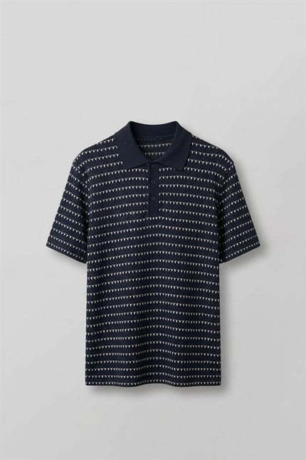 Erkek Relaxed Fit Ajurlu Örme Polo Yaka T-Shirt Lacivert