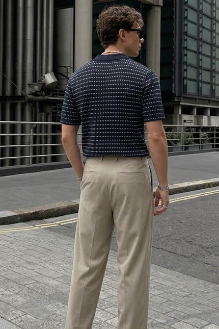 Erkek Relaxed Fit Ajurlu Örme Polo Yaka T-Shirt Lacivert