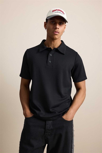 Erkek Relaxed Fit Basic Polo Yaka T-Shirt Siyah
