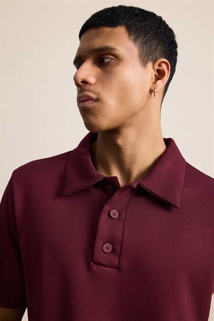Erkek Relaxed Fit Basic Polo Yaka T-Shirt Bordo