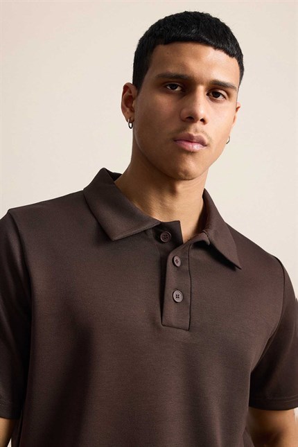 Erkek Relaxed Fit Basic Polo Yaka T-Shirt Kahverengi