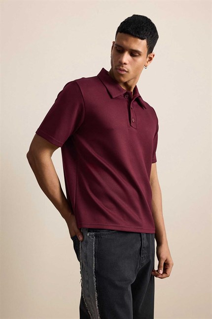 Erkek Relaxed Fit Basic Polo Yaka T-Shirt Bordo
