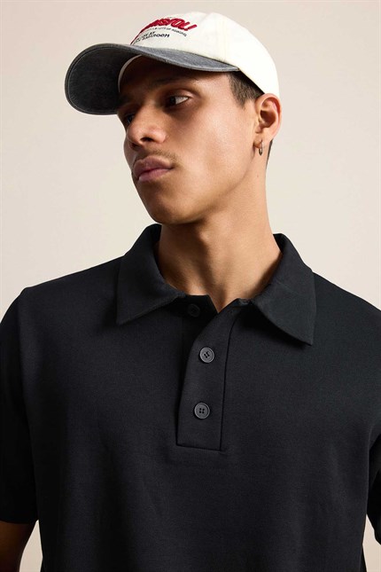 Erkek Relaxed Fit Basic Polo Yaka T-Shirt Siyah