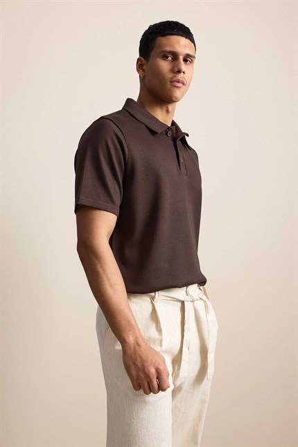 Erkek Relaxed Fit Basic Polo Yaka T-Shirt Kahverengi