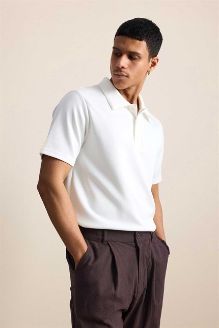 Erkek Relaxed Fit Basic Polo Yaka T-Shirt Ekru