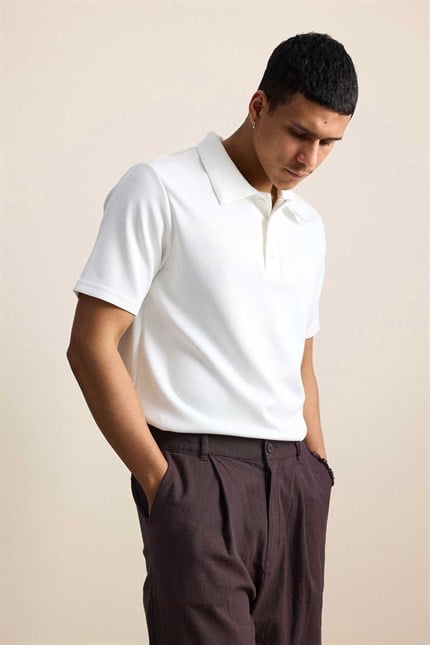 Erkek Relaxed Fit Basic Polo Yaka T-Shirt Ekru