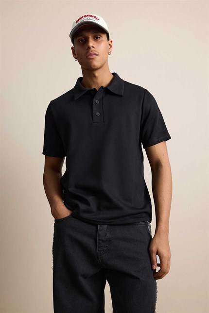 Erkek Relaxed Fit Basic Polo Yaka T-Shirt Siyah