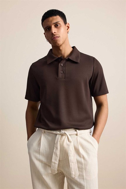Erkek Relaxed Fit Basic Polo Yaka T-Shirt Kahverengi