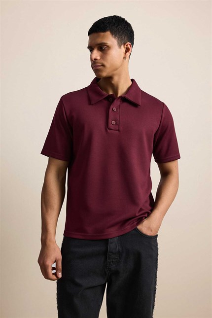 Erkek Relaxed Fit Basic Polo Yaka T-Shirt Bordo