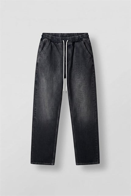 Erkek Relaxed Fit Beli Lastikli Jean Pantolon Siyah