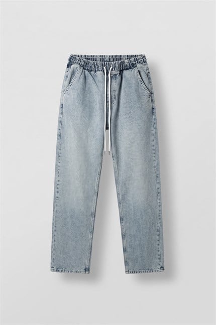Erkek Relaxed Fit Beli Lastikli Jean Pantolon Açık Mavi