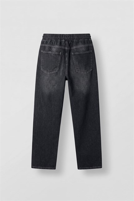 Erkek Relaxed Fit Beli Lastikli Jean Pantolon Siyah