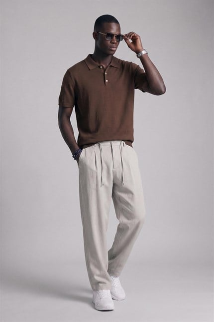 Erkek Relaxed Fit Dökümlü Polo Yaka Triko T-Shirt Kahverengi