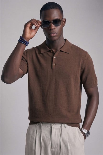 Erkek Relaxed Fit Dökümlü Polo Yaka Triko T-Shirt Kahverengi