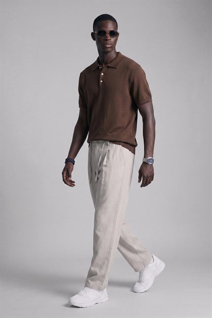 Erkek Relaxed Fit Dökümlü Polo Yaka Triko T-Shirt Kahverengi