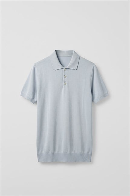 Erkek Relaxed Fit Dökümlü Polo Yaka Triko T-Shirt Açık Mavi